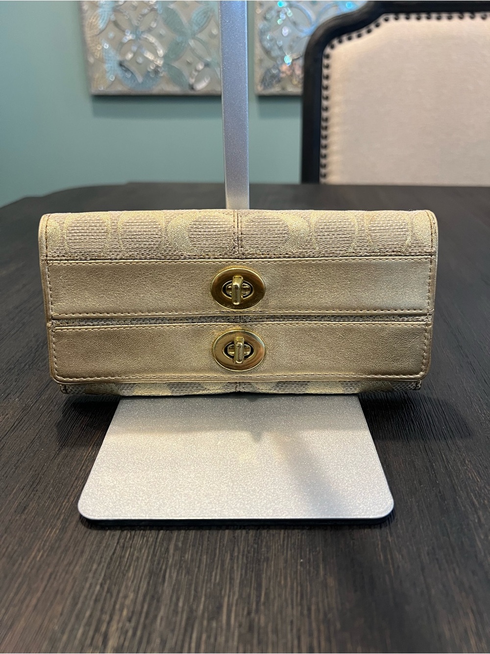 Vintage Coach Double Turnlock Wallet in Metallic Gold